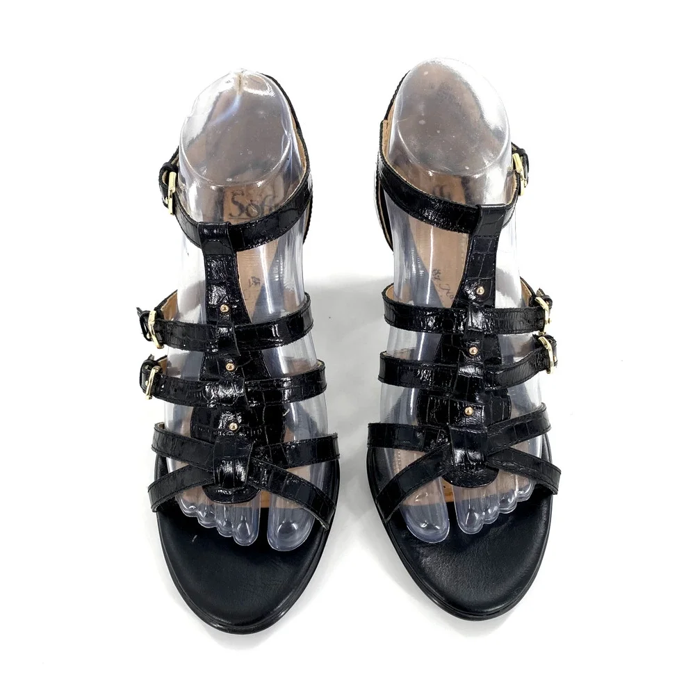 Sofft Womens Cage Strappy Heels Pumps Black Croc Embossed Leather Sz‎ 8M Comfort